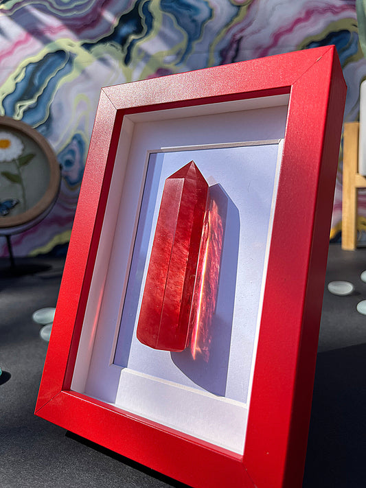 Red Carnelian Crystal Point with Red Frame – Bold Quartz Obelisk Display