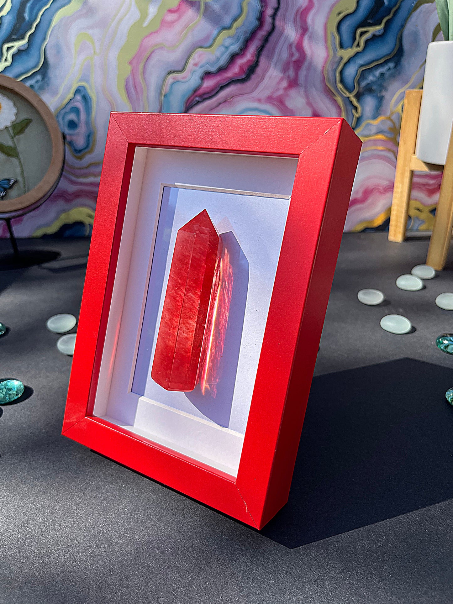 Red Carnelian Crystal Point with Red Frame – Bold Quartz Obelisk Display